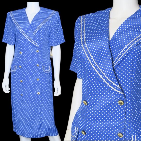Vintage 80s Leslie Fay Midi Secretary Dress Double Breasted Stars Sailor Sz 14 - Picture 1 of 8